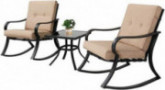 Oakmont Outdoor Furniture 3 Piece Bistro Set Rocking Chairs and Glass Top Table, Thick Cushions, Black Steel  Beige 