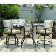 LOKATSE HOME 3 PCS Outdoor Patio Bistro Swivel Bar Sets with 2 Stools and 1 Glass Top Table, White Cushions