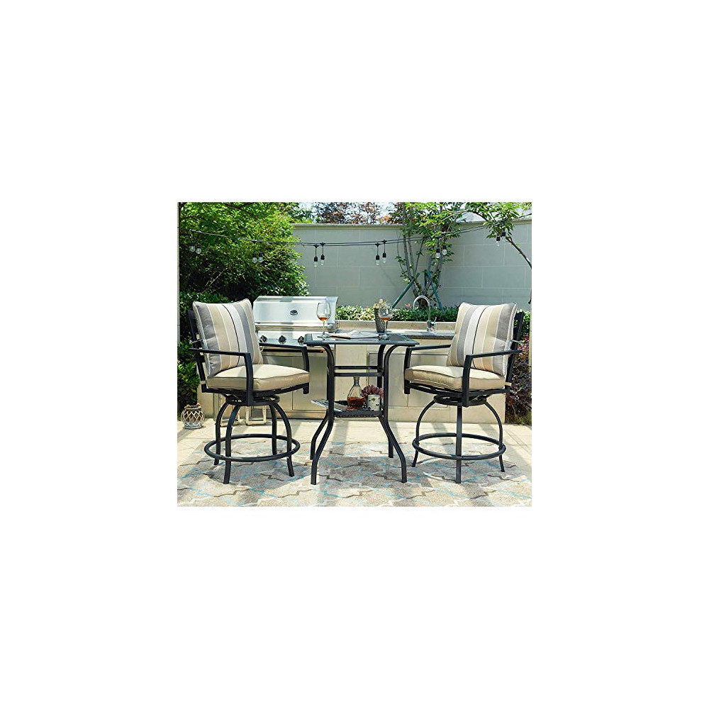 LOKATSE HOME 3 PCS Outdoor Patio Bistro Swivel Bar Sets with 2 Stools and 1 Glass Top Table, White Cushions