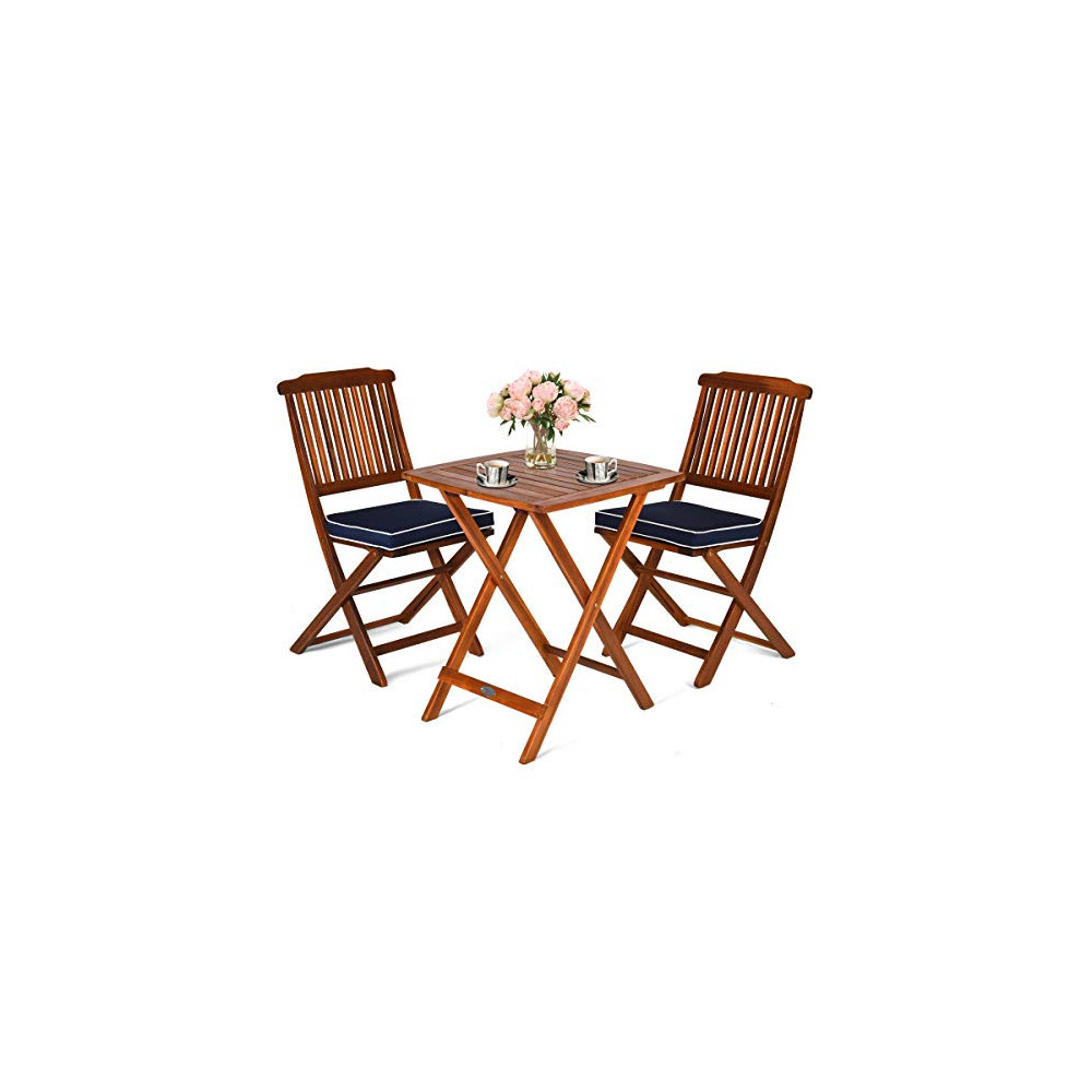 Giantex 3Pcs Patio Bistro Set, Wood Folding Table Set, 2 Cushioned Chairs for Garden Yard, Outdoor Furniture  Natural 