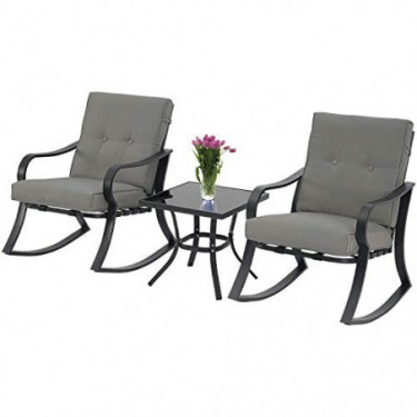 Patiomore 3-Piece Outdoor Patio Furniture Rocking Chairs Bistro Sets, Glass-Top Coffee Table and Black Steel Chairs with Gray