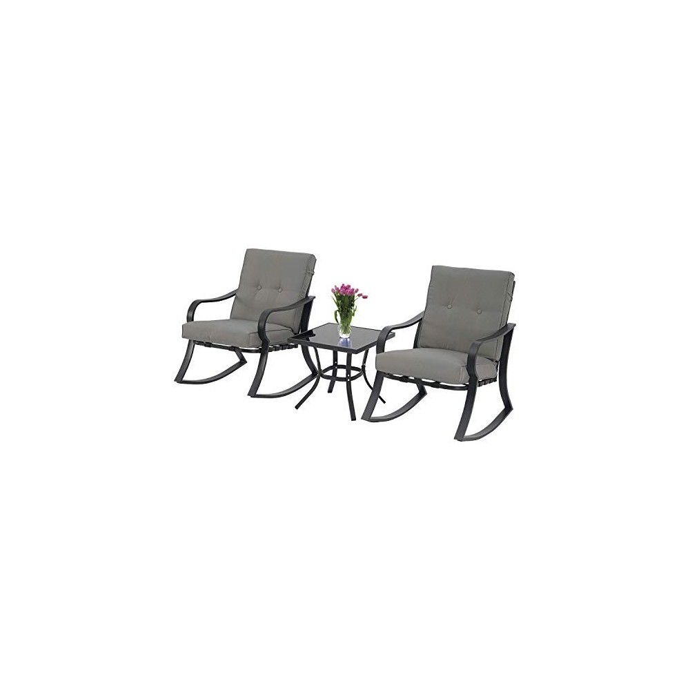 Patiomore 3-Piece Outdoor Patio Furniture Rocking Chairs Bistro Sets, Glass-Top Coffee Table and Black Steel Chairs with Gray