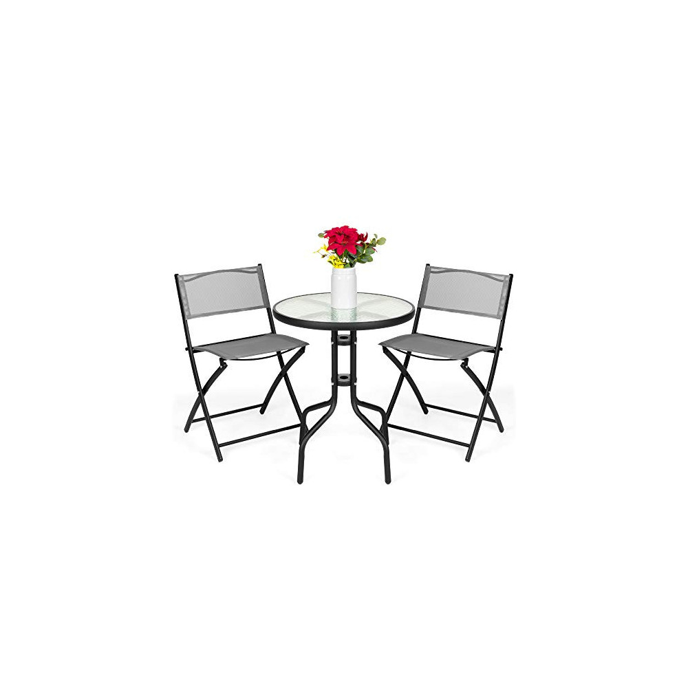 Best Choice Products 3-Piece Patio Bistro Dining Furniture Set w/Round Textured Glass Tabletop, Folding Chairs - Gray