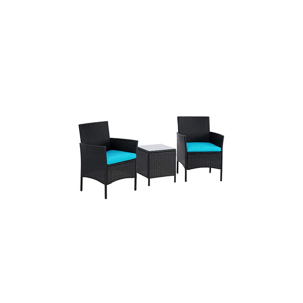 BonusAll 3 Pieces Patio Bistro Set Outdoor Furniture Sets Black Wicker Patio Chairs with Coffee Table and Light Blue Cushion