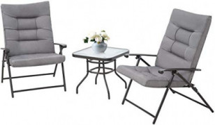 Incbruce 3 Pcs Folding Chair Set Outdoor Furniture Adjustable Reclining Bistro Set with Gray Cushions, Steel Frame and Coffee