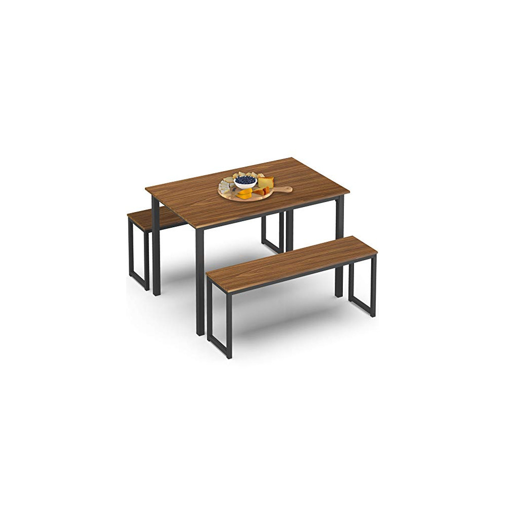 Homury Modern Studio Soho Dining Table with Two Benches 3 Piece Set,Brown