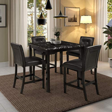 Harper & Bright Designs 5-Piece Kitchen Table Set Faux Marble Top Counter Height Dining Table Set with 4 Black Leather-Uphols