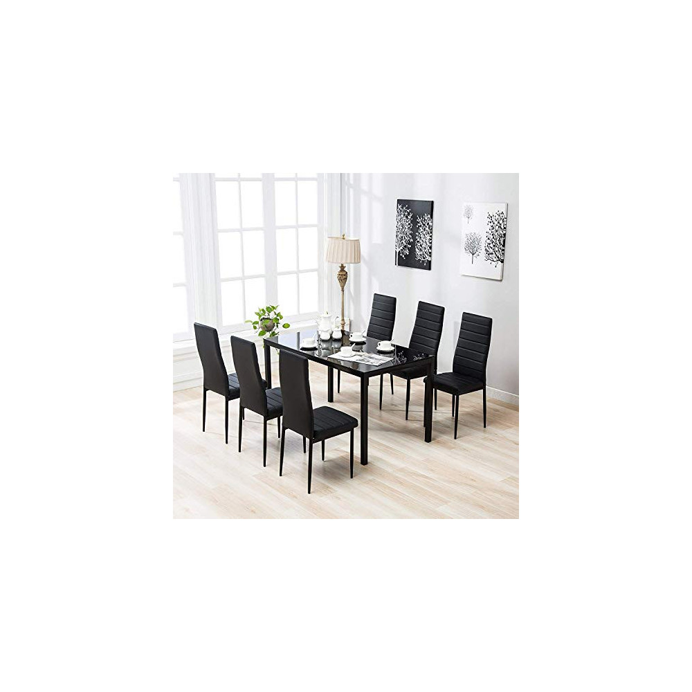 Mecor 7-Piece Glass Kitchen Dining Table Set, Glass Top Table with 6 Faux Leather Chairs Breakfast Furniture,Black