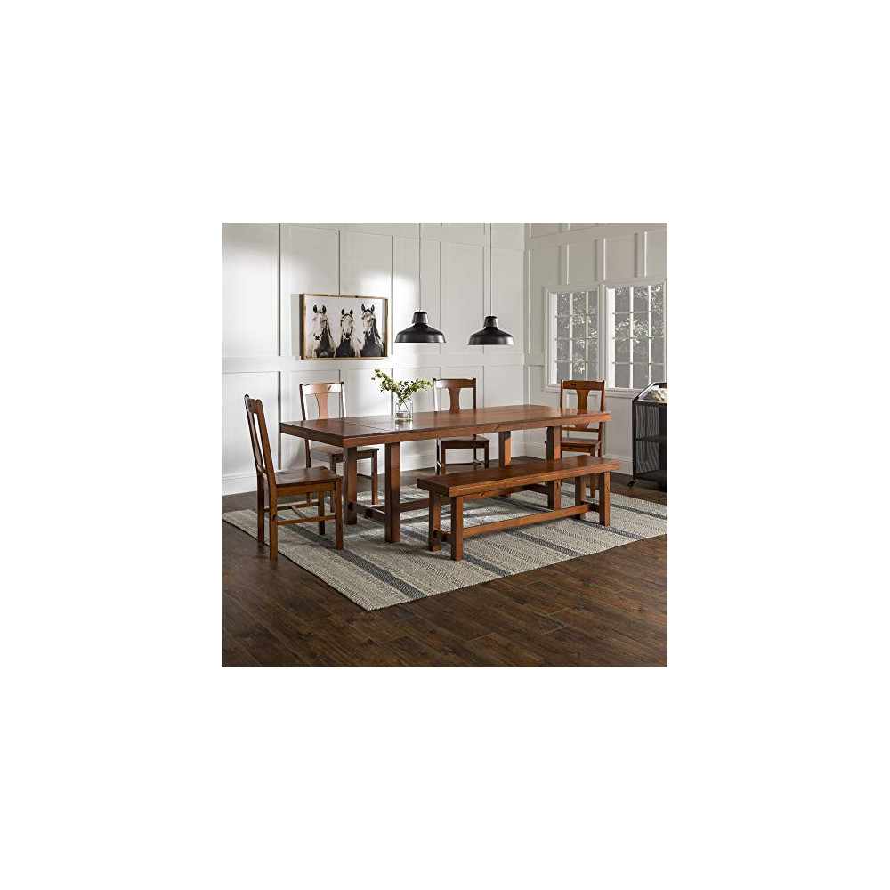 Walker Edison Furniture Company Rustic Farmhouse Rectangle Wood Dining Room Table Set with Leaf Extension, Brown Oak