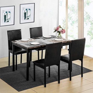MOOSENG 5 Pieces Dining Table Set, Elegant Faux Marble Desk and 4 Upholstered PU Leather Chairs, Perfect for Bar, Kitchen, Br