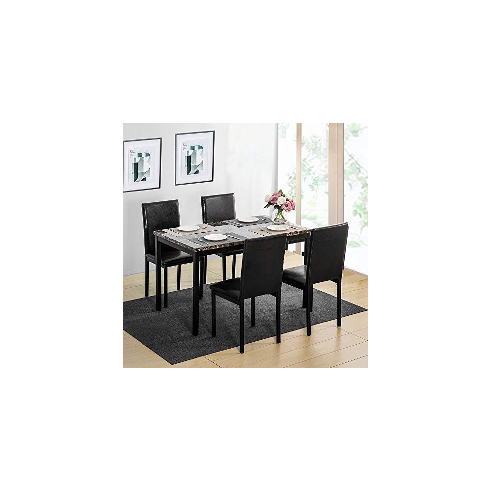 MOOSENG 5 Pieces Dining Table Set, Elegant Faux Marble Desk and 4 Upholstered PU Leather Chairs, Perfect for Bar, Kitchen, Br