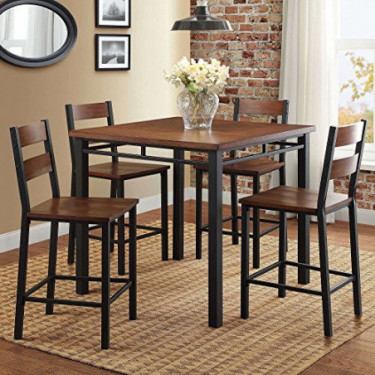 Counter Height Dining Set Table And 4 Chairs, Durable Metal Construction, Square Shape, Footrest, Ideal For Family Gathering 