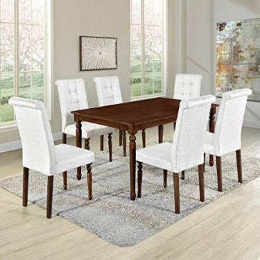 Merax Set of 7 Dining Table Set Wood Rectangular Kitchen Table with 6 High Back Upholstered Dining Chairs, Brown Table + Beig