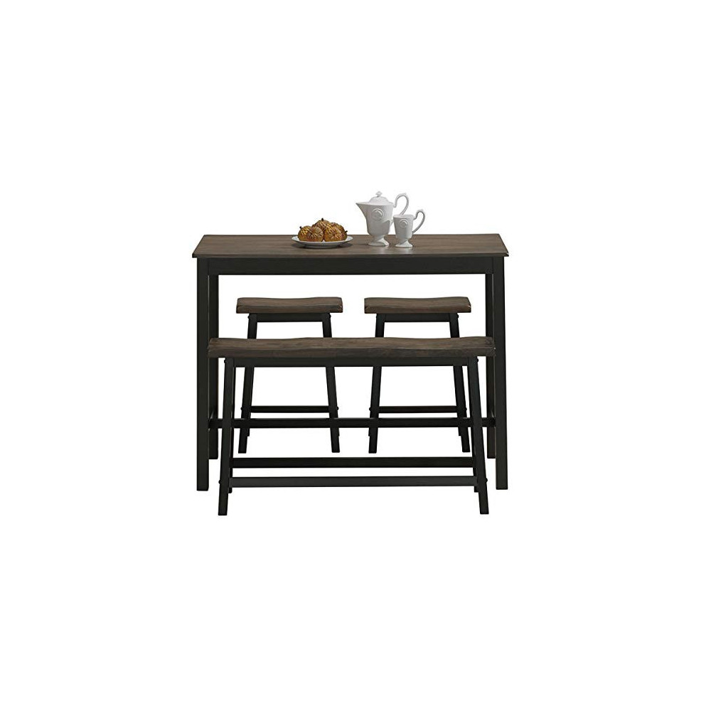 COSTWAY 4-Piece Solid Wood Dining Table Set, Counter Height Dining Furniture with One Bench and Two Saddle Stools, Industrial