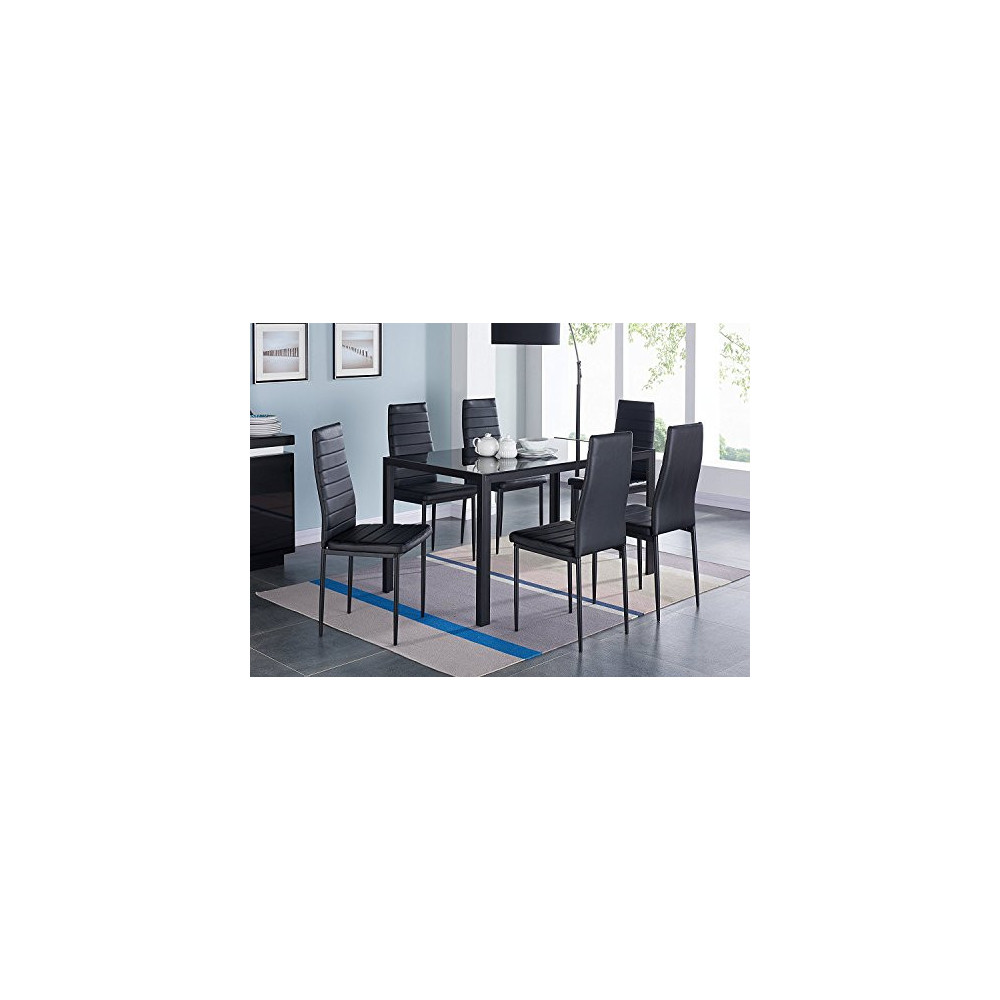 IDS Online 7 Pieces Modern Glass Dining Table Set Faxu Leather With 6 Chairs Black.