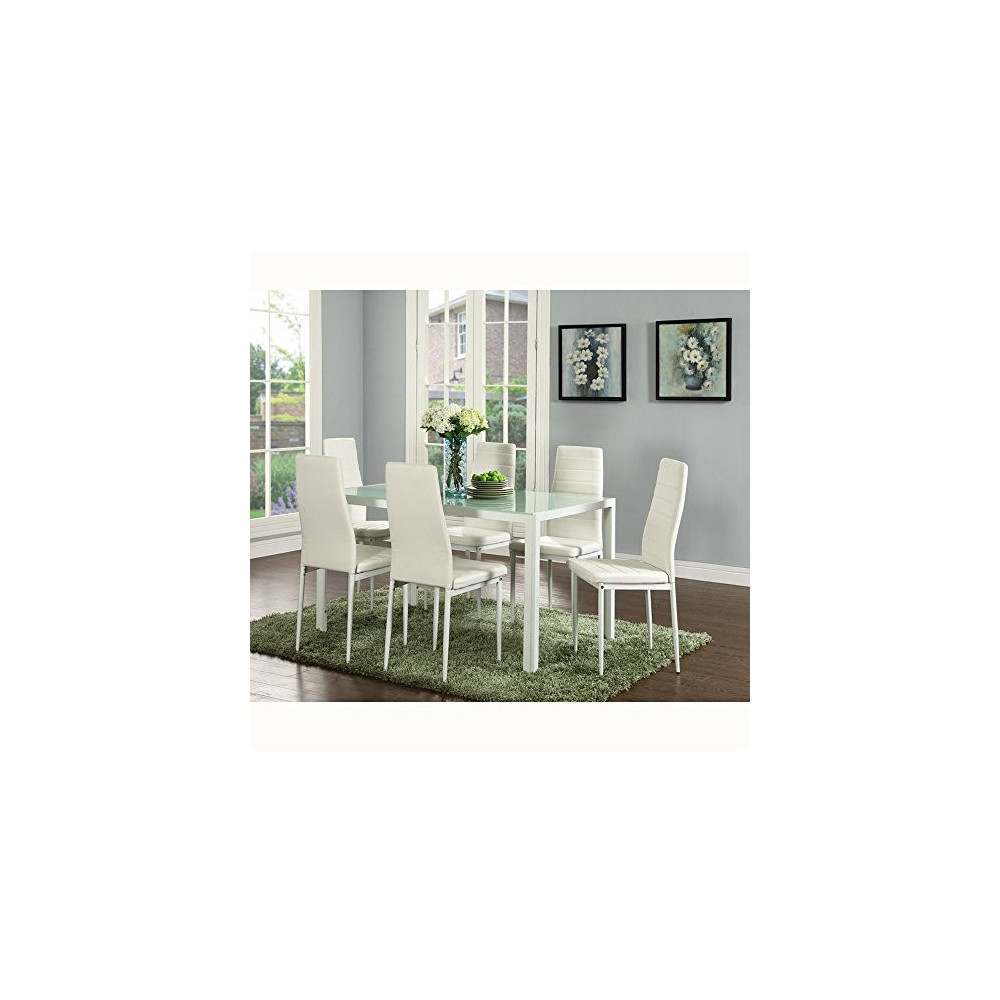IDS Online Deluxe Glass Dining Table Set 7 Pieces Modern Design With Faux Leather Chair Elegant Style Anti Dirt -51.2" X 27.6