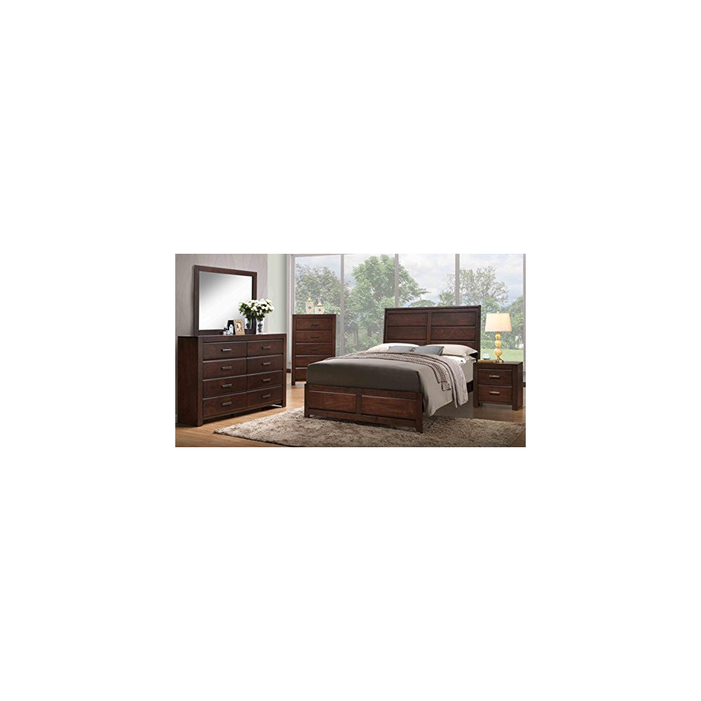 Kings Brand Furniture Aurora 6-Piece Walnut Wood Queen Size Bedroom Set. Bed, Dresser, Mirror, Chest, 2 Nightstands