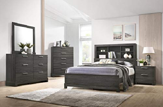 GTU Furniture Contemporary Bookcase headboard Bedroom Set  Queen Size Bed, 5 Pc 