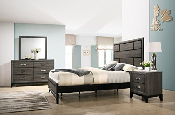 Roundhill Furniture Stout Panel Queen Size Bedroom Set with Bed, Dresser, Mirror, Night Stand, Grey