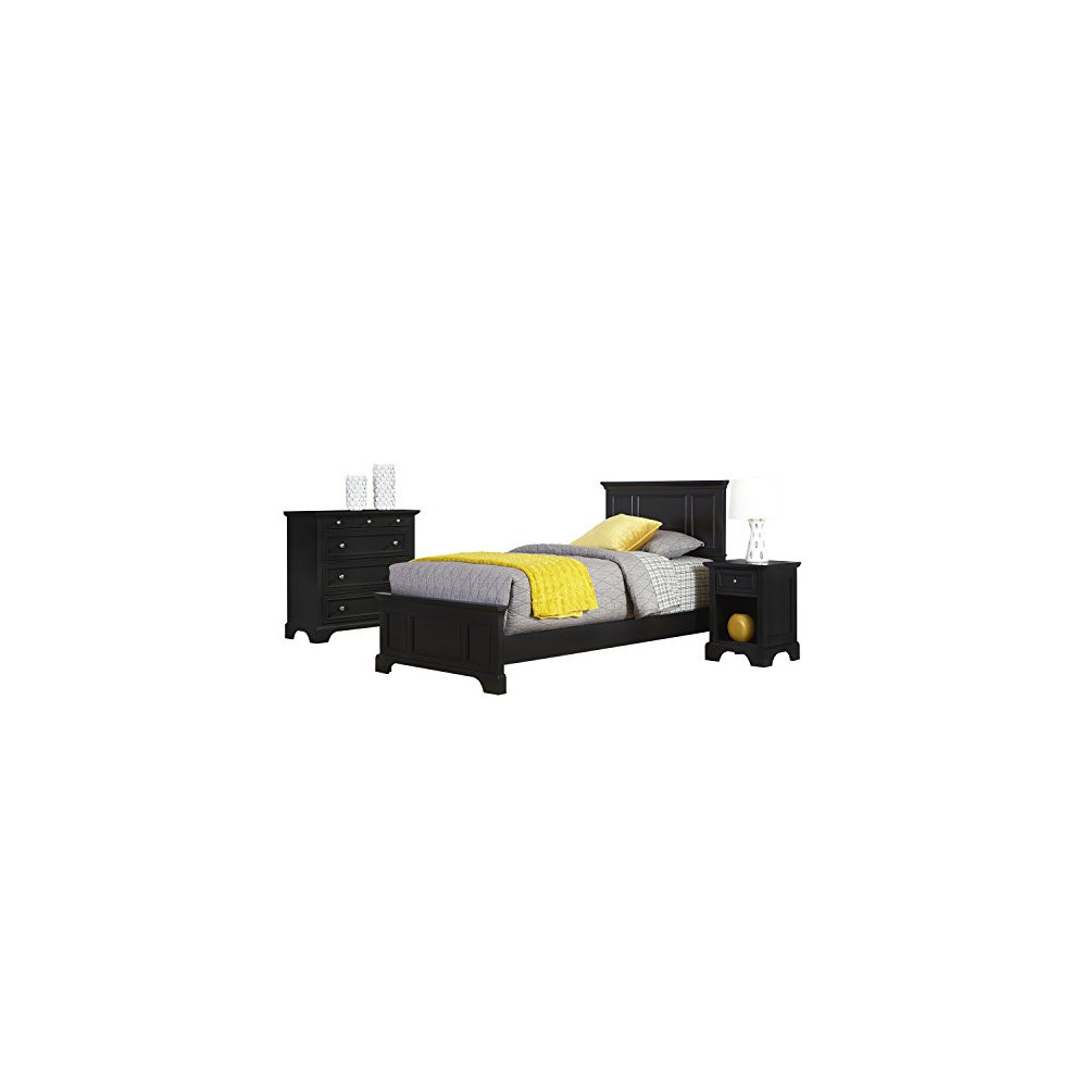 Home Styles Bedford Black Twin Bed, Nightstand, and Chest with Hardwood Construction, Four Drawer Chest, Felt-lined Chest Dra