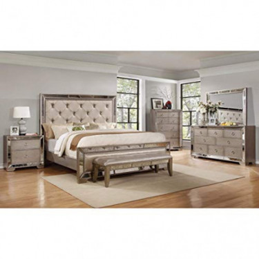 Best Master Furniture Ava Mirrored 6 Pcs Bedroom Set With Bench, E. King, Silver/Bronze