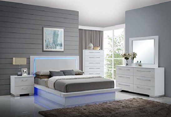 NCF Furniture Saturn Contemporary 4 Piece Queen Bedroom Set in White Lacquer High Gloss Finish with LED Lights