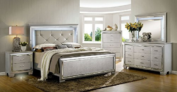 Bellanova Collection Contemporary Crocodile Textured Details Padded Tufted Leatherette HB Queen Size Bed w LED Dresser Mirror