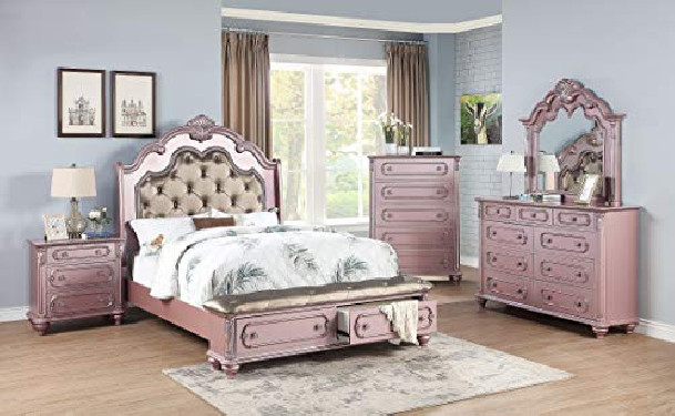 Esofastore Gorgeous Formal Majestic Tufted HB 4pc Bedroom Set Queen Size Bed Dresser Mirror Nightstand Storage FB