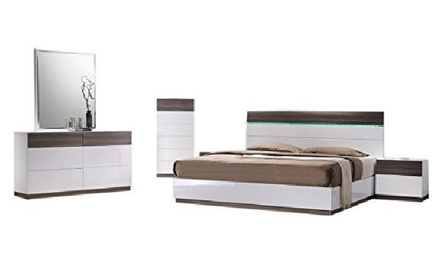 J&M Furniture Sanremo B Modern King Bedroom Set in Walnut & White, 5-Piece