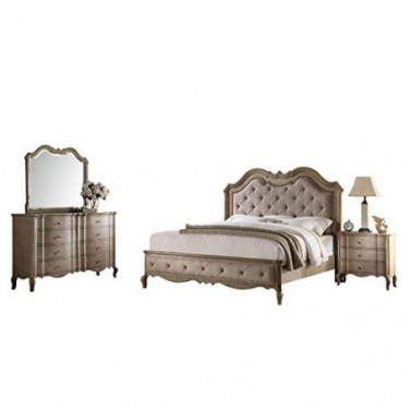 Acme Furniture Chelmsford 4-Piece Bedroom Set, Tan Fabric and Antique Taupe Tan/Antique Taupe Queen