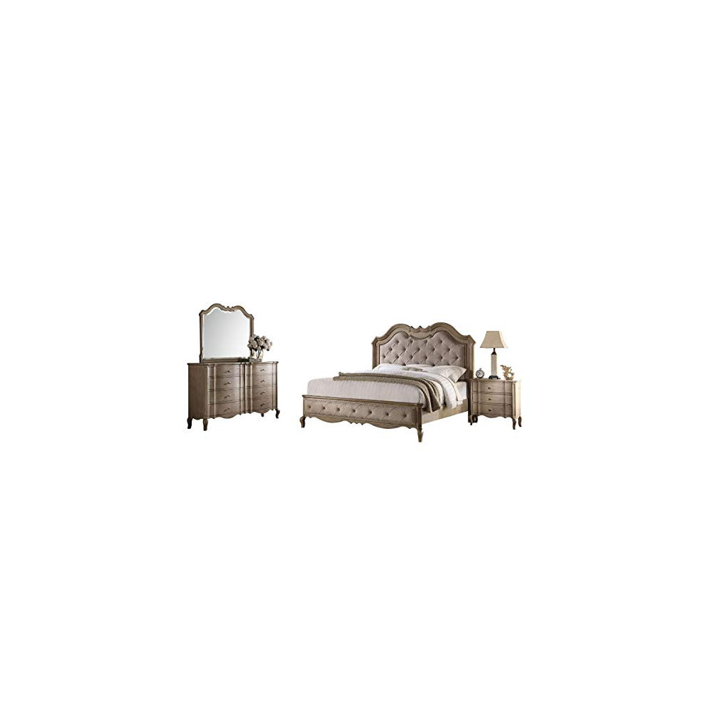 Acme Furniture Chelmsford 4-Piece Bedroom Set, Tan Fabric and Antique Taupe Tan/Antique Taupe Queen