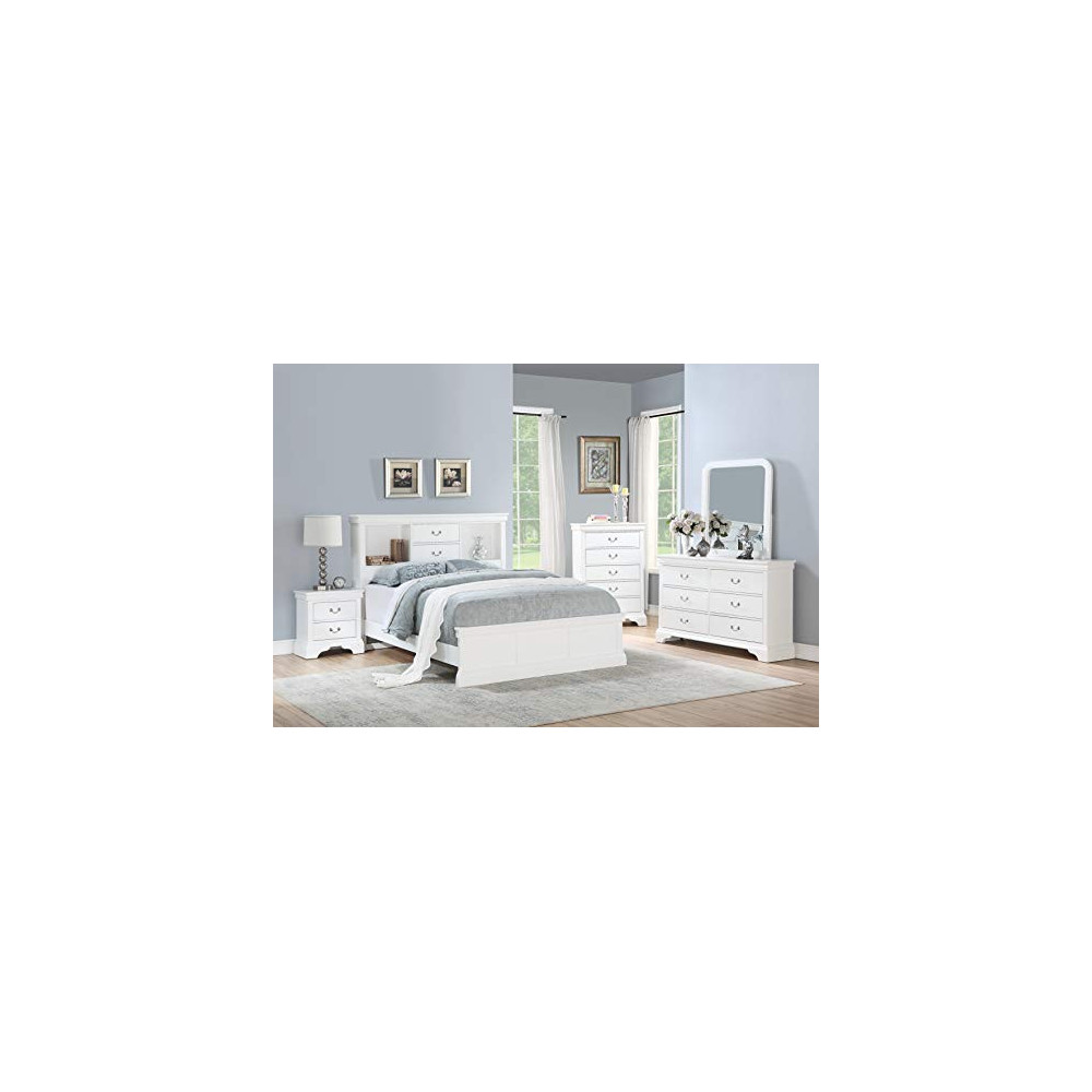 Esofastore Classic Modern Bedroom Furniture 4pc Set Full Size Bed Dresser Mirror Nightstand White Color Birch Veneer Wood