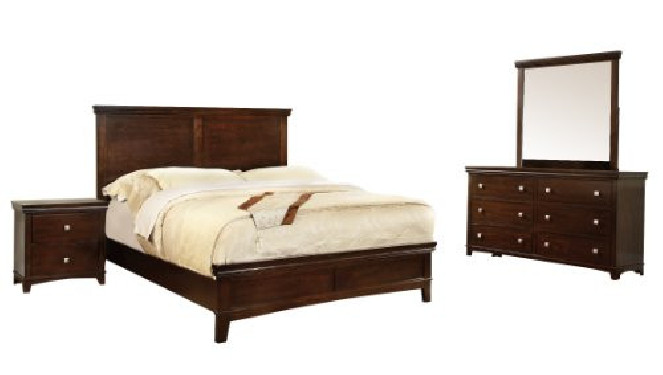 Furniture of America Pasha 4-Piece Queen Platform Bedroom Set with Nightstand, Dresser and Mirror, Brown Cherry Finish