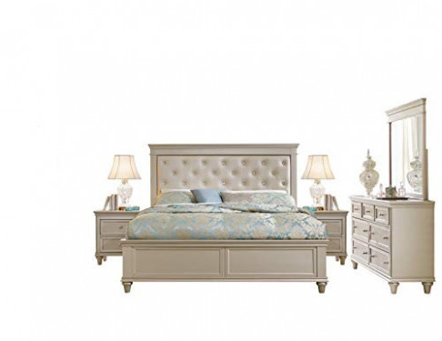 Cairo Modern Glam 5PC Bedroom Set Cal King Bed, Dresser, Mirror, 2 Nightstand in Pearl