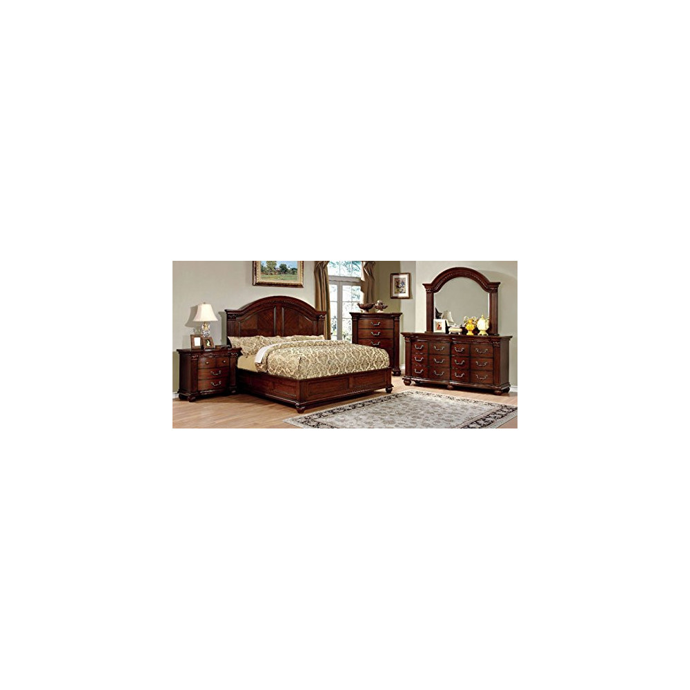 Royal Traditional Formal Look Cherry Finish Solid Wood Wooden HB Eastern King Size Bed w Matching Dresser Mirror Nightstand G