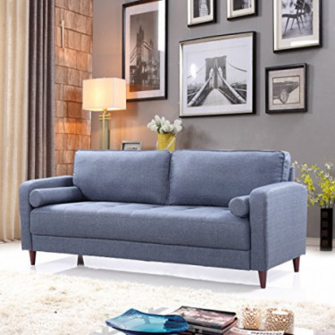Casa AndreaMilano Mid-Century Modern Linen Fabric Living Room Sofa  Dark Blue 