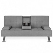Best Choice Products Modern Linen Convertible Futon Sofa Bed w/Metal Legs, 2 Cupholders - Gray