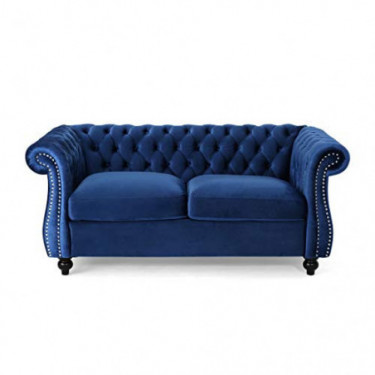 Christopher Knight Home 306027  Karen Traditional Chesterfield Loveseat Sofa, Navy Blue and Dark Brown, 61.75 x 33.75 x 27.75