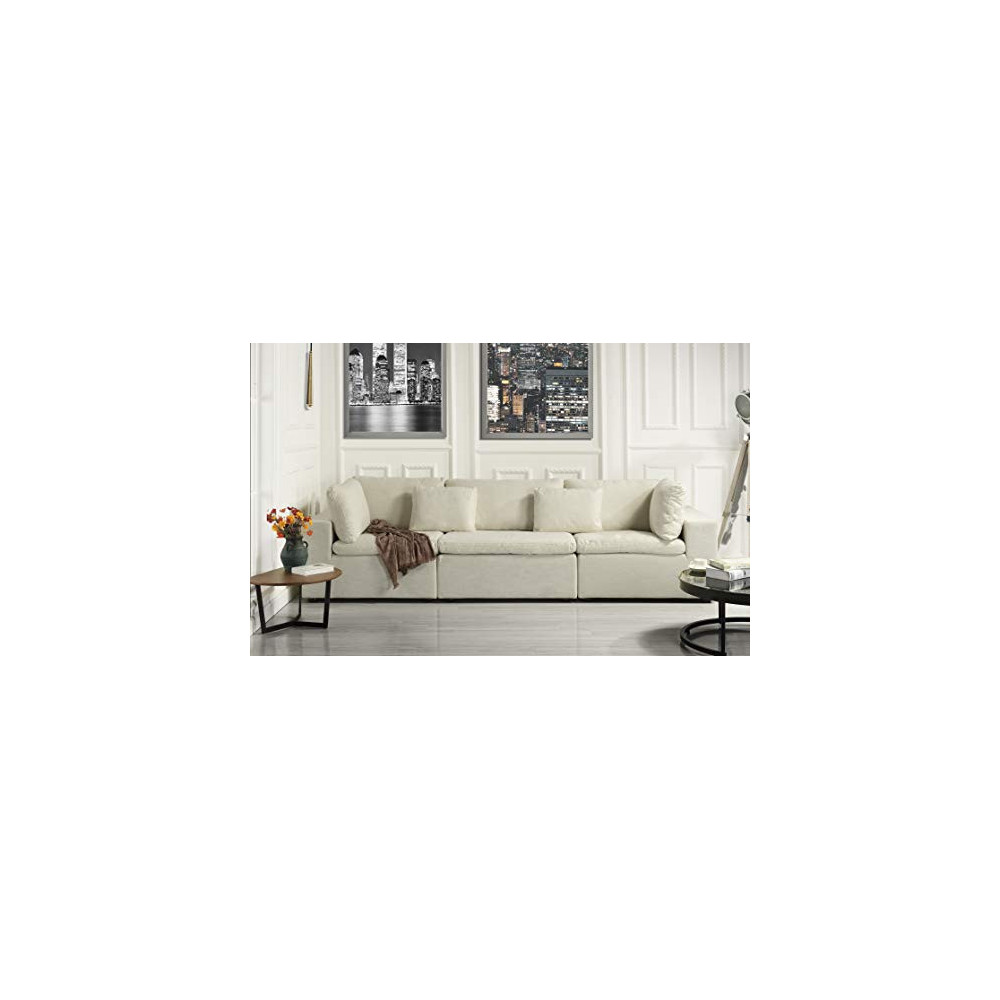Large Classic Living Room Linen Fabric Sofa, 111.8" W inches  Ivory 