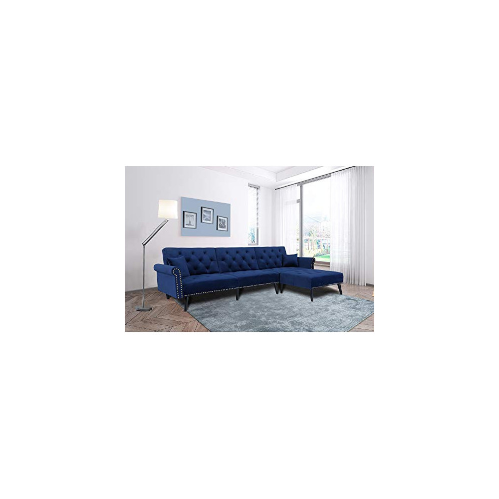 Navy Blue Sectional Sofa Sleeper Bed,JULYFOX 900 LB Heavy Duty 115 inch Velvet Sofa Futon W/Chaise Recliner Back Modern Day B