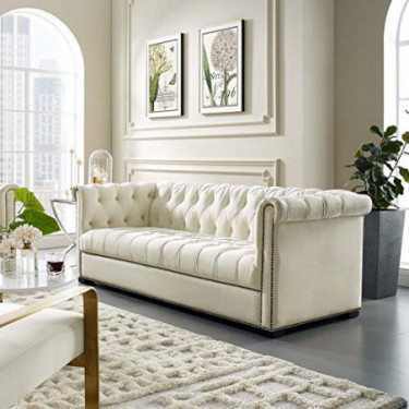 Modway Heritage Tufted Performance Velvet Upholstered Chesterfield Sofa with Nailhead Trim in Ivory