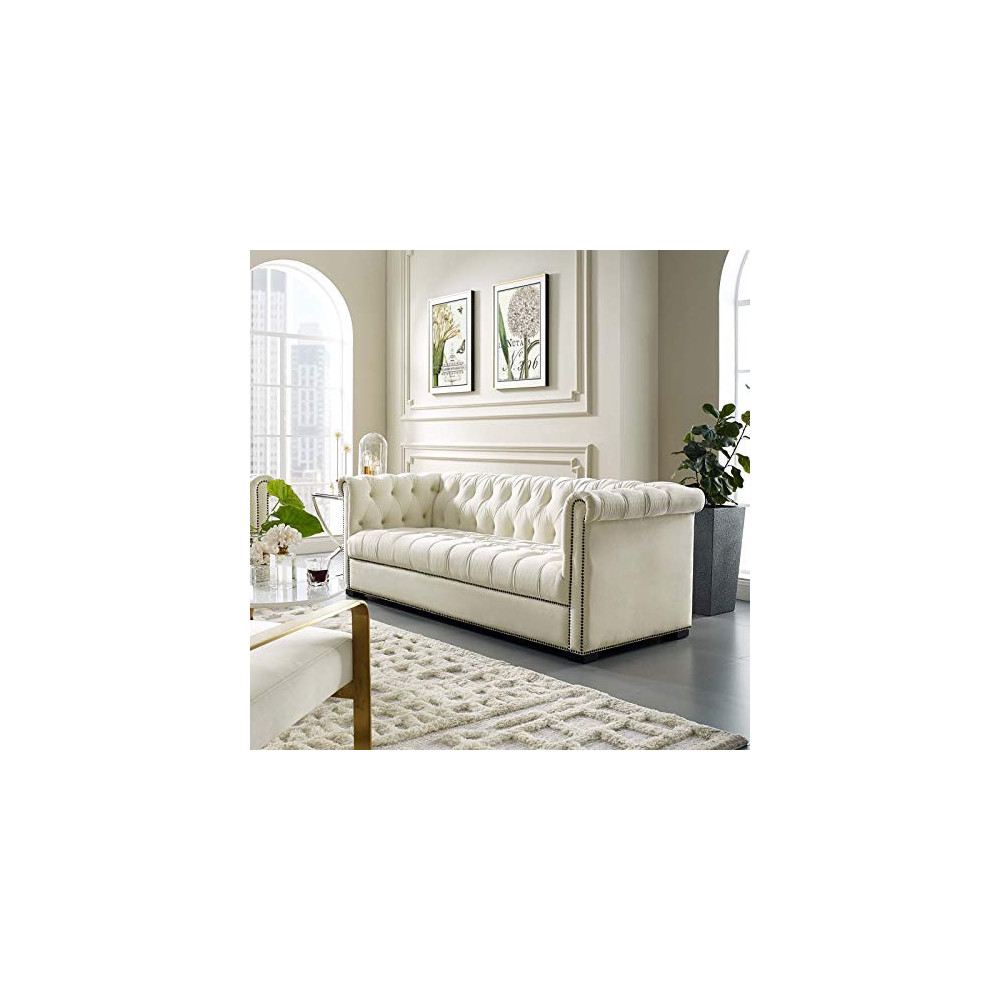 Modway Heritage Tufted Performance Velvet Upholstered Chesterfield Sofa with Nailhead Trim in Ivory
