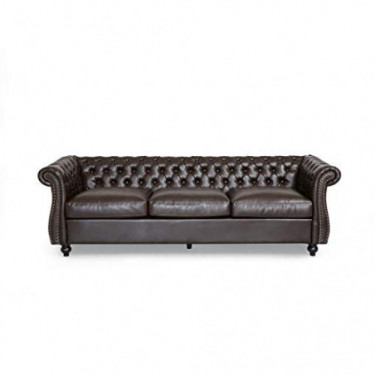 Vita Chesterfield Tufted Faux Leather Sofa with Scroll Arms, Brown