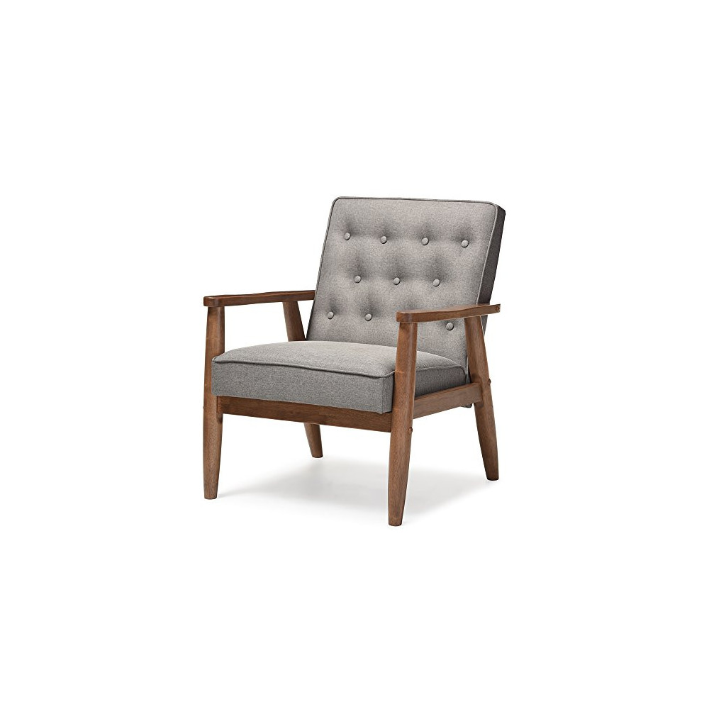 Baxton Studio Sorrento Mid-Century Retro Modern Fabric Upholstered Wooden Lounge Chair, Grey