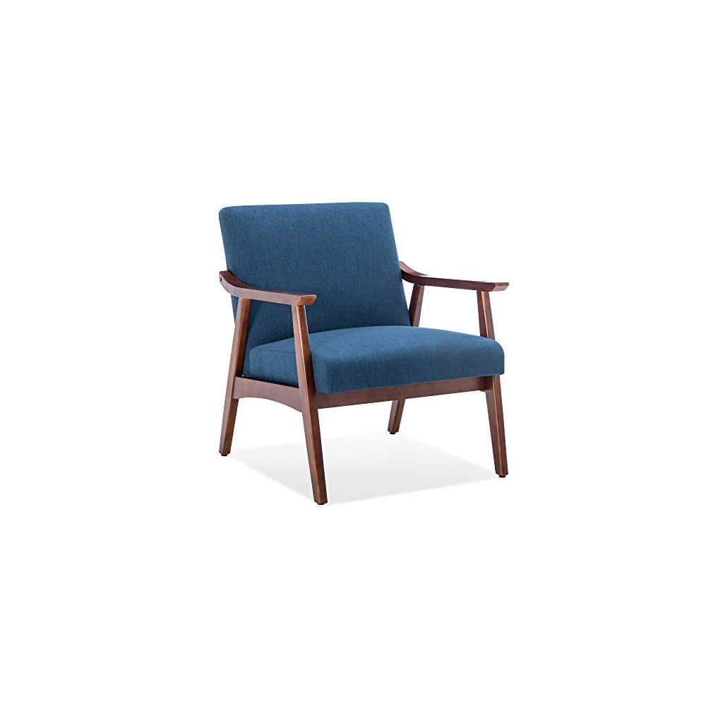 BELLEZE Mid-Century Modern Accent Armchair Solid Hardwood Upholstered Linen Lounge Chair, Navy Blue