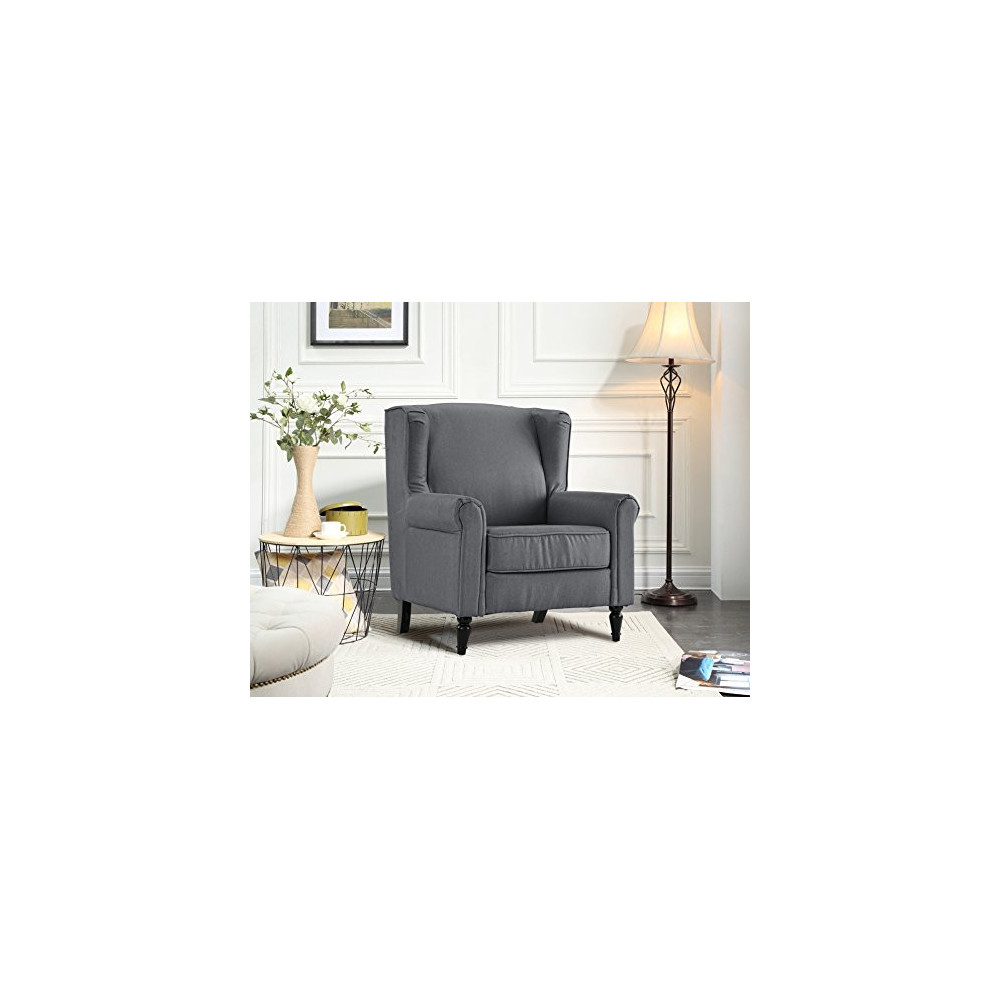 Divano Roma Furniture Classic Living Room Linen Fabric Armchair, Chair with Shelter Frame  Light Grey 