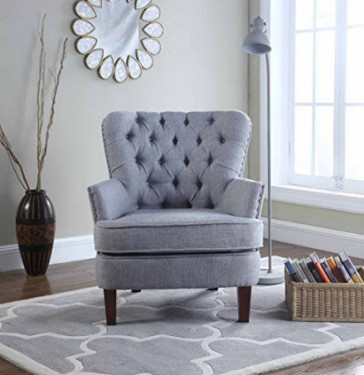 Bentley Button Tufted Accent Chair with Nail Head Trim, Gray