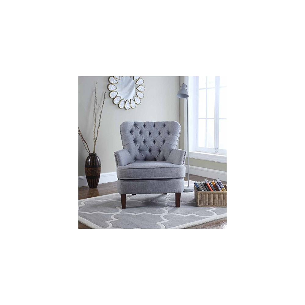 Bentley Button Tufted Accent Chair with Nail Head Trim, Gray