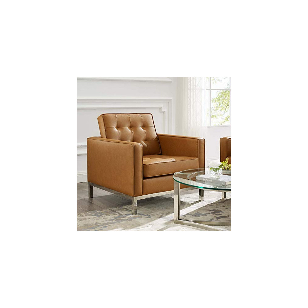 Modway Loft Tufted Button Faux Leather Upholstered Accent Armchair in Silver Tan
