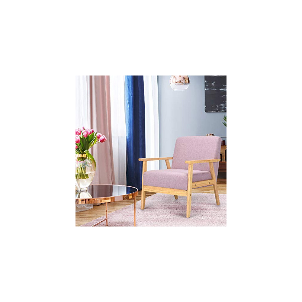Giantex Mid-Century Modern Child Armchair w/Armrests, Sturdy & Durable Rubber Wood Club Chair w/Cushions, Wood Frame & Linen 